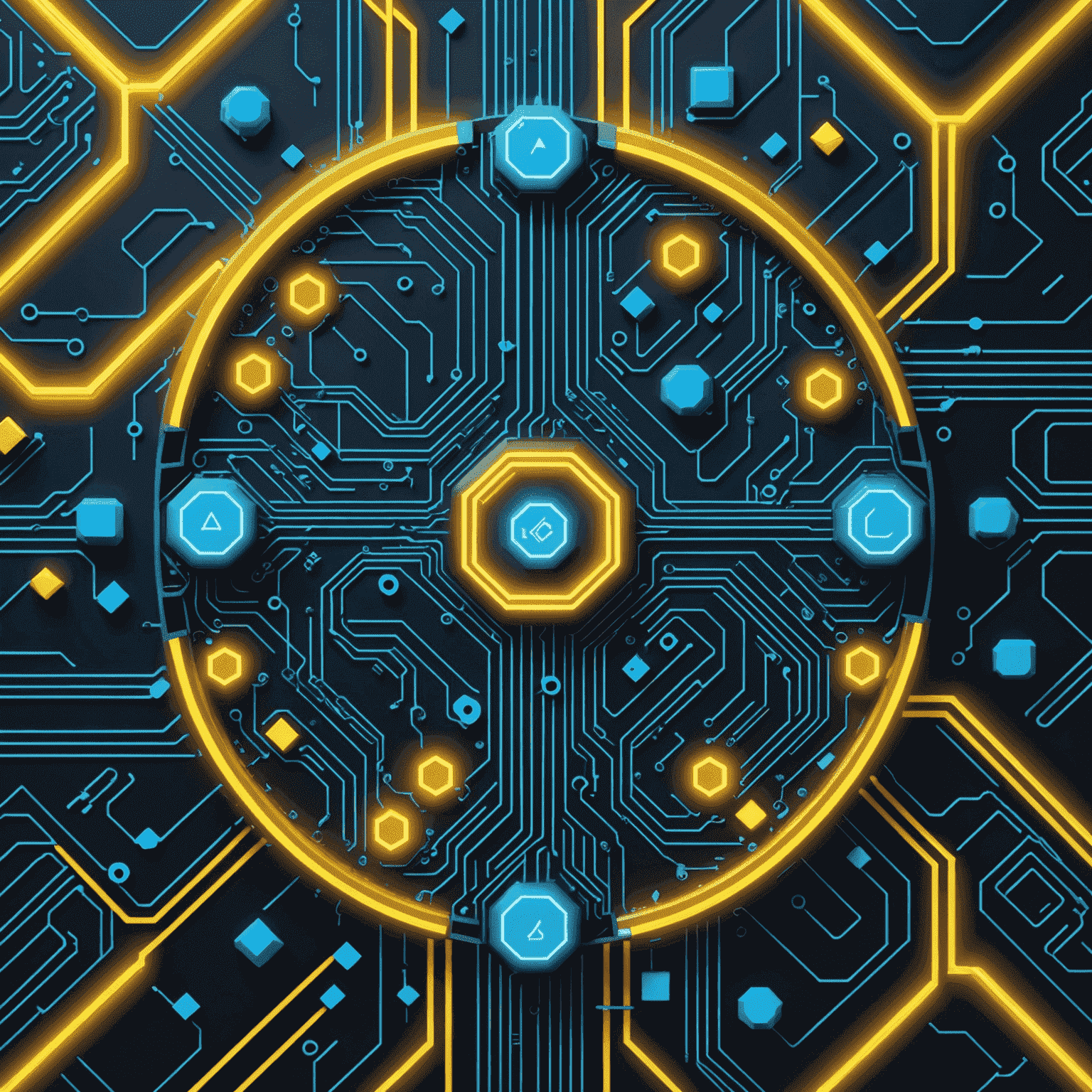 Yapay zeka destekli oyun tasarımını gösteren soyut bir görsel. Neon mavi ve elektrik sarısı renklerle vurgulanmış, geometrik şekiller ve devre kartı desenleriyle AI konseptlerini temsil eden minimalist bir illüstrasyon.